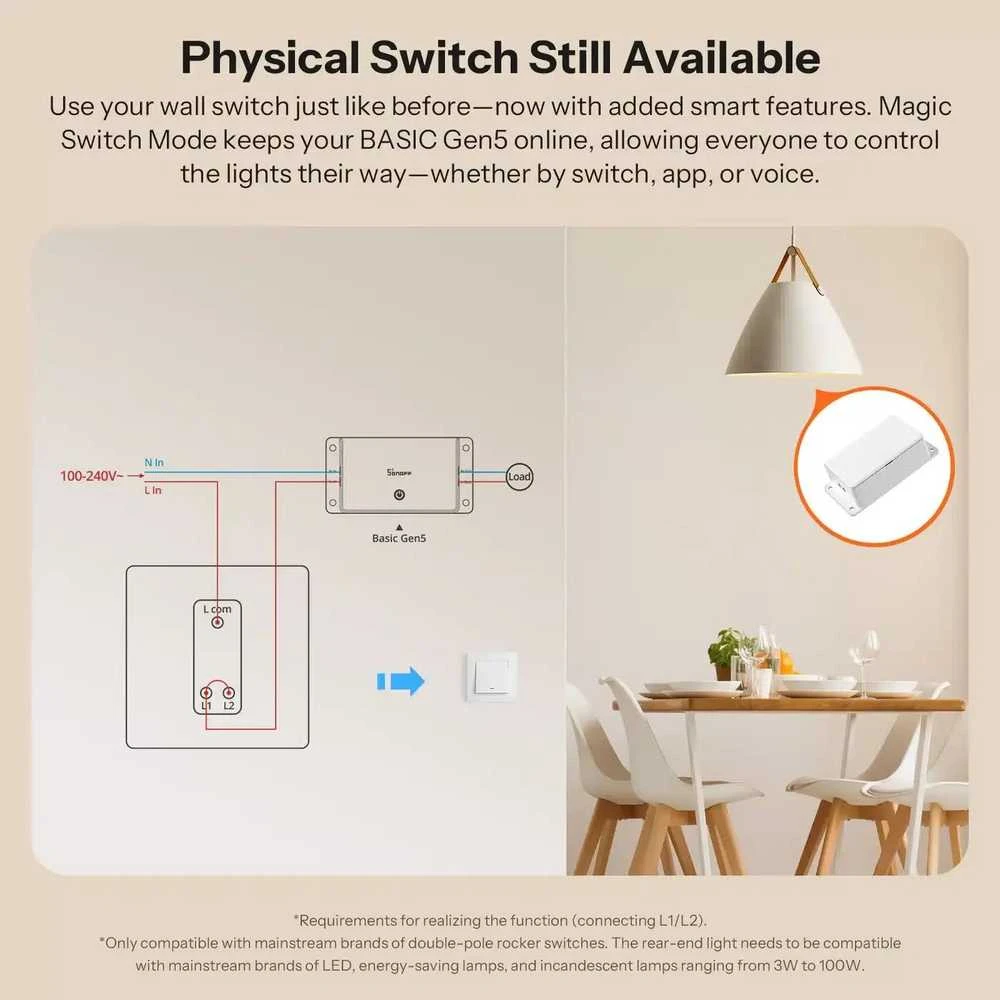 „Sonoff Basic R5 Gen5“ išmanusis WiFi jungiklis (10A, „Matter“)