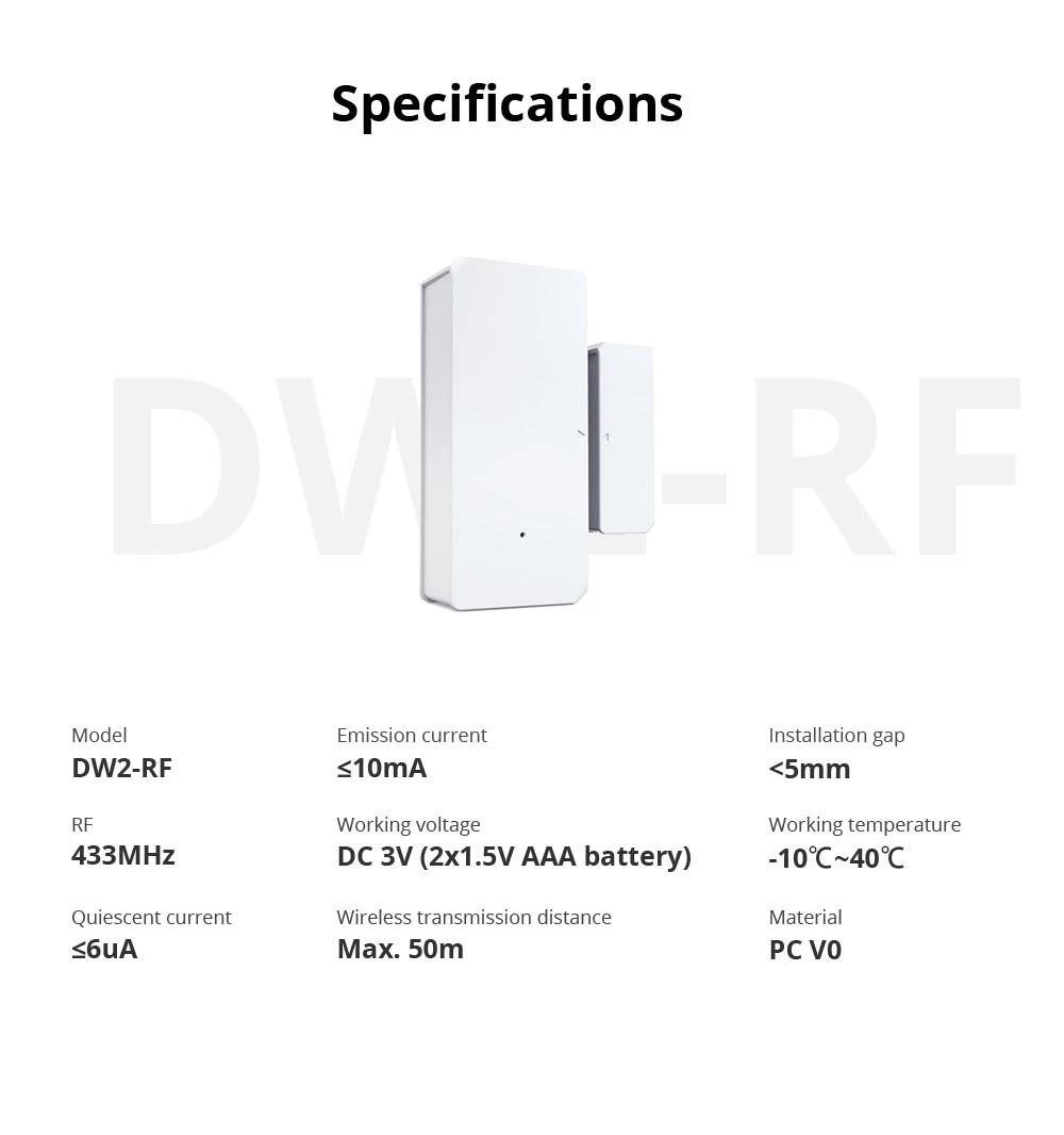Sonoff DW2 durų ir langų atidarymo jutiklis RF433MHz