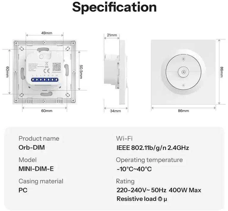 Sonoff Fusion serijos Orb-DIM 1 kanalo Matter over Wi-Fi dimeris