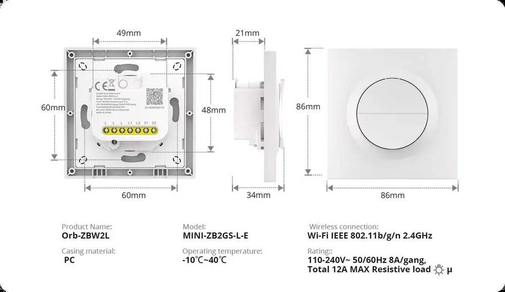 SONOFF MINI-ZB2GSL-E ZigBee dviejų kanalų sieninis jungiklis be nat.