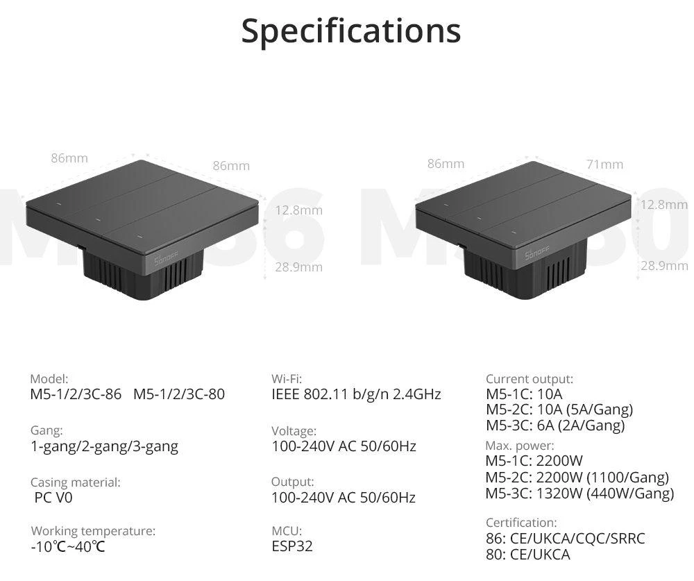 SONOFF M5 1 klaviško sieninis jungiklis 80mm pločio M5-1C-80