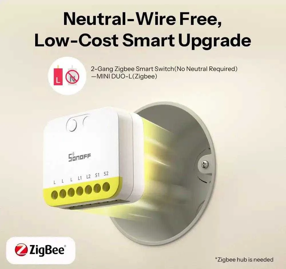 Sonoff Mini Duo-L 2 kanalų Zigbee 3.0 išmanioji relė (be nulio)