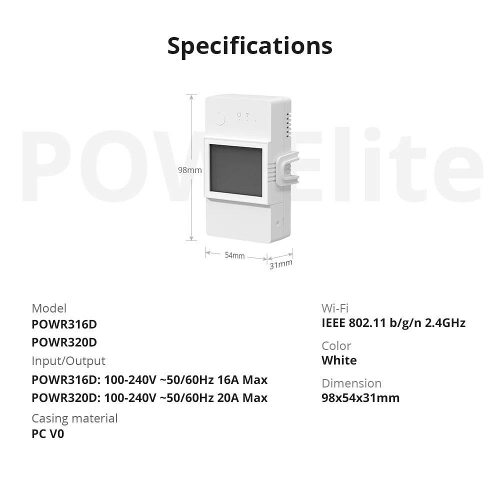 SONOFF POW Elite 16A 1 kanalo relė su elektros sanaudų matavimu (POWR316D Elite)