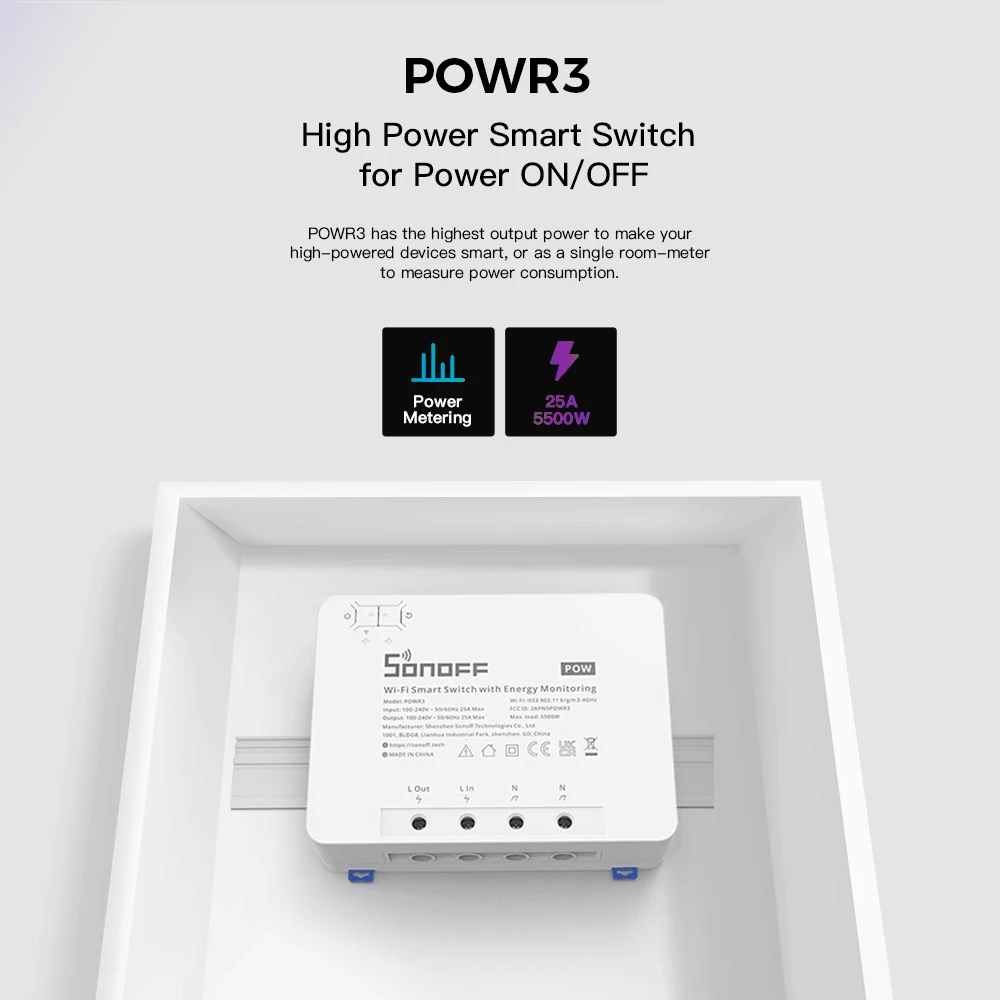 Sonoff Pow R3 1-kanalo išmani relė valdoma WiFi su energijos sunaudojimo matavimo funkcija - 230VAC 5500W