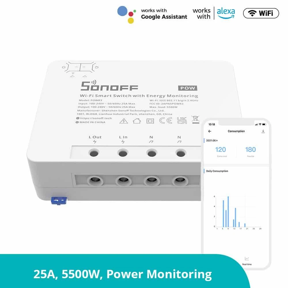 Sonoff Pow R3 1-kanalo išmani relė valdoma WiFi su energijos sunaudojimo matavimo funkcija - 230VAC 5500W