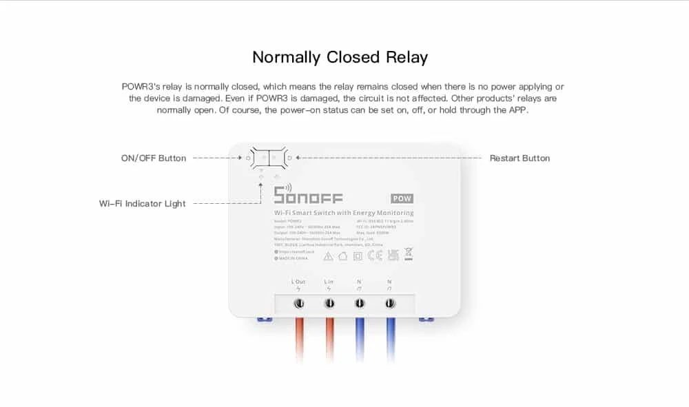 Sonoff Pow R3 1-kanalo išmani relė valdoma WiFi su energijos sunaudojimo matavimo funkcija - 230VAC 5500W