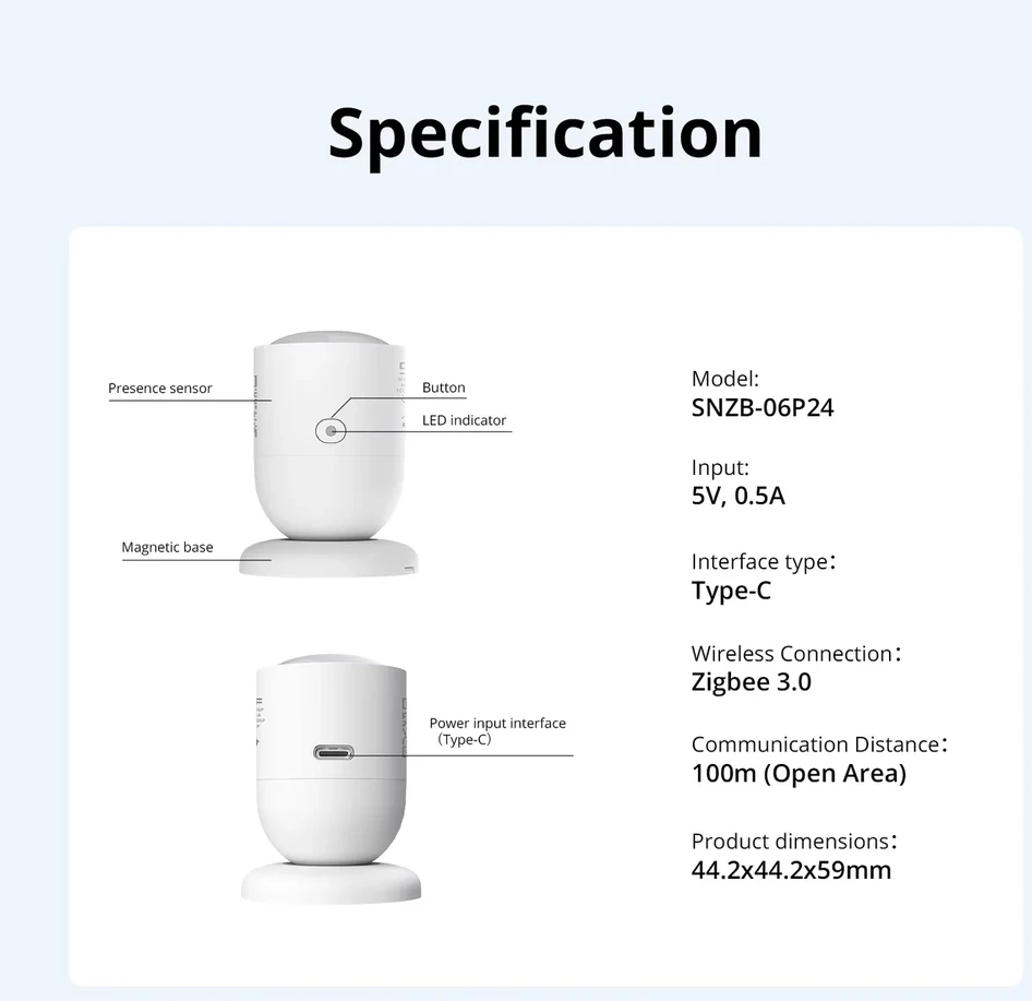 SONOFF SenseGuard 24GHz Zigbee būvio sensorius (SNZB-06P24)