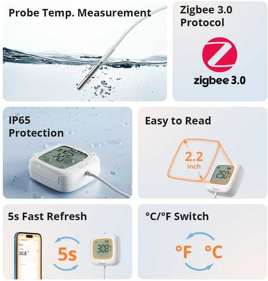 Sonoff SNZB-02LD Zigbee 3.0 temperatūros belaidis sensorius IP65