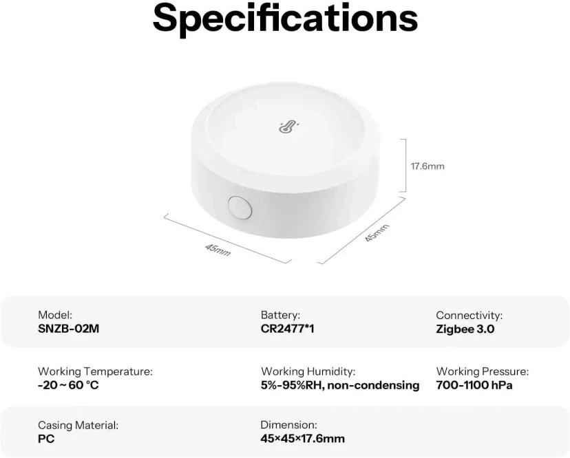 SONOFF SNZB-02M Zigbee 3.0 temperatūros, drėgmės ir atmosferos slėgio jutiklis