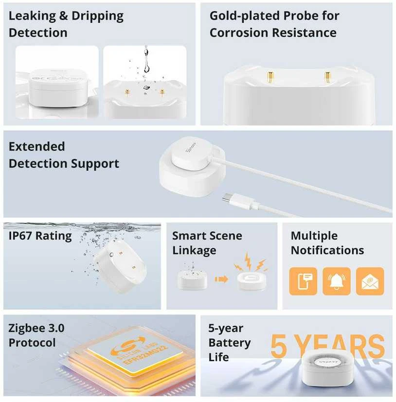 Sonoff SNZB-05P IP67 Zigbee vandens nuotėkio jutiklis su prailginamuoju laidu