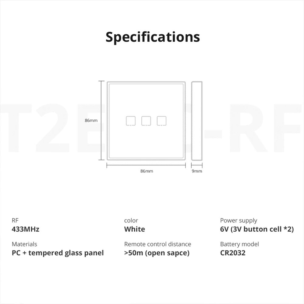 Sonoff T2EU1C-RF 433MHz išmanus belaidis sieninis 1 mygtuko jungiklis
