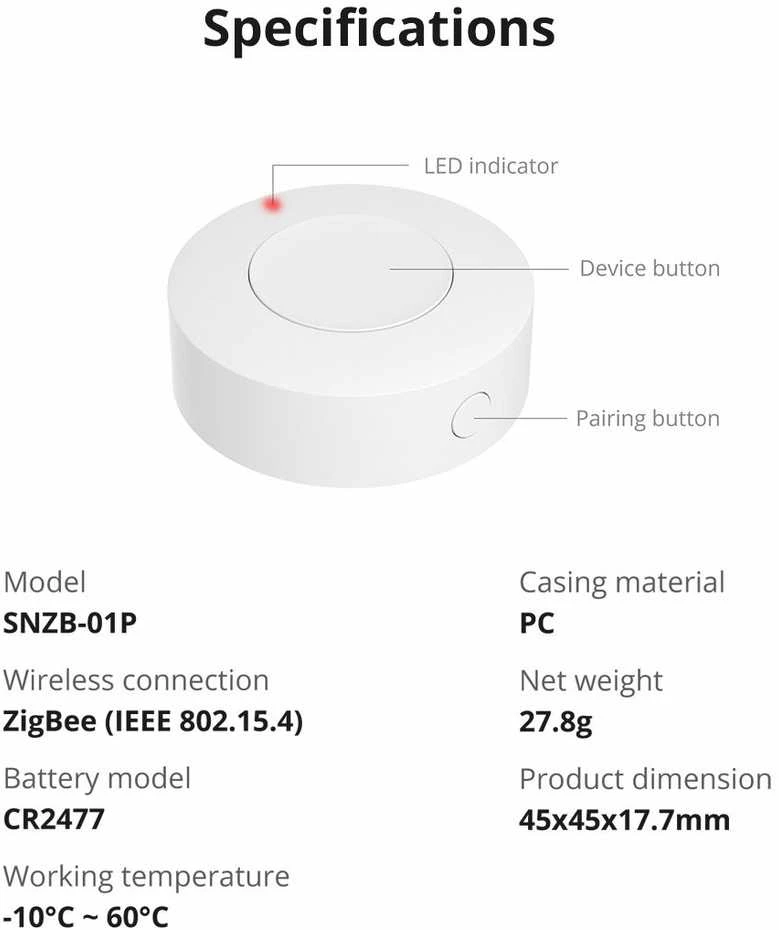 Sonoff SNZB-01P Zigbee 3.0 belaidis mygtukas