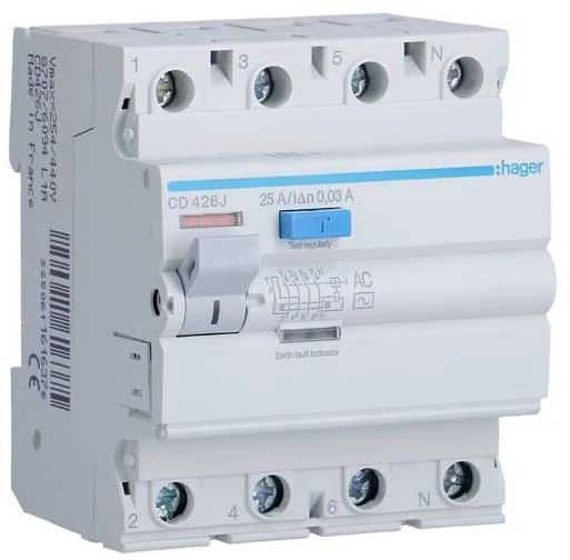 Srovės nuotekio relė Hager CD441J (AC, 40A, 4P, 30mA, 230V)