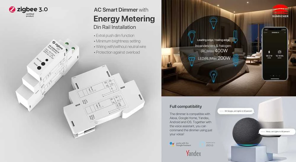 Sunricher Zigbee šviesos valdiklis/dimeris DIN 230V, 400W, be nulio