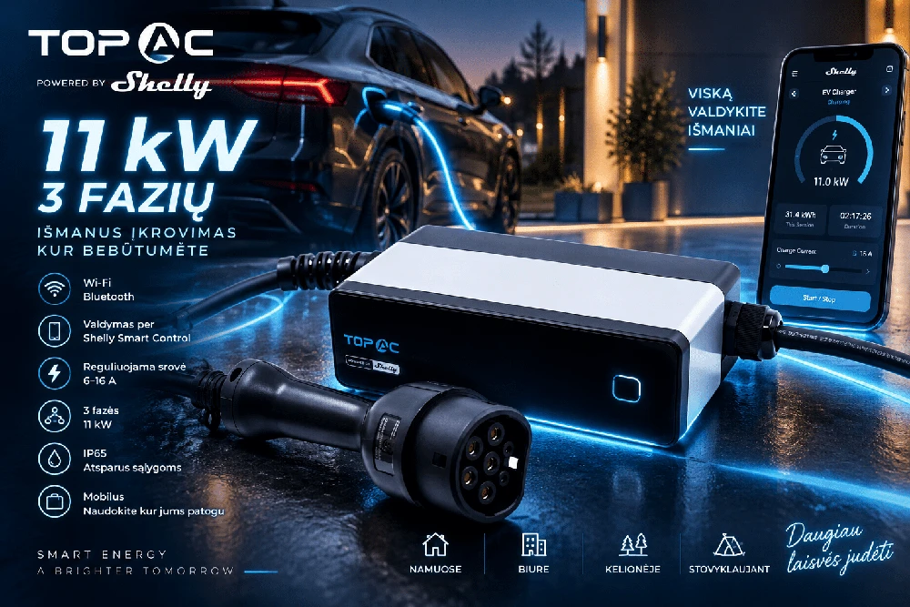 TopAC Powered By Shelly mobilus elektromobilio kroviklis 11kW 3 fazių