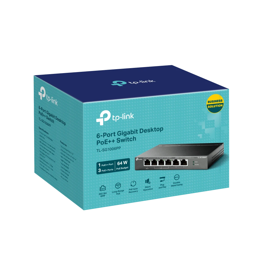 Šakotuvas TP-LINK | 6 prievadų gigabito komutatorius su 3 prievadų PoE+ ir 1 prievado PoE++ | TL-SG1006PP | Nevaldomas | Stalinis