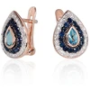 Auksiniai auskarai anglišku užsegimu, Raudonas Auksas, Briliantai , Safyras,Briliantai , Safyras , Mėlynas topazas - 3.79 g. - 14 mm. - Briliantai (0,14Ct), Safyras (0,45Ct), Mėlynas topazas