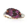 Auksinis žiedas su brangakmeniais. Metalas: Raudonas Auksas. Praba: 585°. Akmuo: Briliantai , Rubinas , Granatas - 18 - 2.33 g. - Briliantai (0,09Ct), Rubinas (0,495Ct), Granatas (0,846Ct)