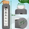 Peterson motyvacinė stiklinė vandens gertuvė su matavimo skale, pilku silikoniniu dėklu, 960 ml