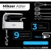 Plakiklis Adler Hand Mixer | AD 4229 | Hand Mixer | 600 W | Greičių skaičius 9 | Turbo mode | Juodas/Baltas
