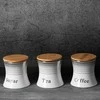 Eurofirany Dekoratyvinių indelių rinkinys cukrui, kavai ir arbatai, baltas su sidabriniais akcentais, 3 dalių rinkinys, 12x12x13 cm, dolomitas ir bambukas, virtuvės aksesuarai