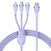 Baseus Flash Series 3 su 1-ben USB kabeliu, USB-C + mikro USB + Lightning, 100 W, 1.2 m (lila)