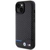 BMW Leather Carbon Mėlyna Line - dėklas skirtas Apple iPhone 15 juodas