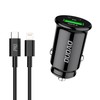 Dudao greitas automobilinis įkroviklis su USB prievadais QC3.0 + C tipo PD juodas + USB-C laidas - Lightning 18W juodas (R3PRO)