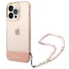 Apple iPhone 14 Pro Guess dėklas Translucent Pearl Strap rožinės spalvos