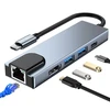Šakotuvas 5in1 USB HUB USB-C to 2xUSB + HDMi + USB-C + LAN RJ45 Adapteris Tech-Protect V3-HUB pilkos spalvos