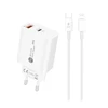 Hurtel A6MaxL 20W USB-A USB-C laidinis įkroviklis su 1m USB-C – Lightning kabelis – baltos spalvos