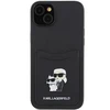 Apple iPhone 15 Karl Lagerfeld dėklas Saffiano Cardslot Karl&amp;Choupette Metal Pin (KLHCP15SSAPKCNPK) juodos spalvos