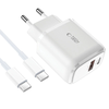 Laidinis įkroviklis 20W USB QC3.0 + USB-C PD + Kabelis USB-C – USB-C Tech-Protect C20W baltos spalvos