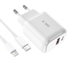 Laidinis įkroviklis 20W USB-C PD + USB QC3.0 + Kabelis 1m USB-C – Lightning Tech-Protect C65W baltos spalvos