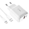 Laidinis įkroviklis 20W USB-C PD + USB QC3.0 + Kabelis 1m USB-C – Lightning Tech-Protect C65W baltos spalvos