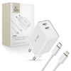Tech Protect Sieninis įkroviklis 2x USB-C PD 35W + Cable USB-C – Lightning baltos spalvos