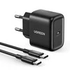 Sieninis įkroviklis UGREEN CD250, 25W, USB-C (juodas) + USB-C į USB-C laidas, 2m (juodas)