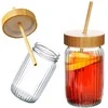 Excellent Houseware Stiklinis gėrimo stiklainis su bambuko dangteliu ir šiaudeliu 500 ml