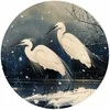 Artgeist Apvalus fototapetas - Herons over a winter pond - Japanese-style illustration in dark colours