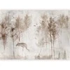 Artgeist Fototapetas - Among the trees - landscape in pilkas tones in fog in a clearing with birds