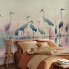 Artgeist Fototapetas - Birds by the lake - herons painted in watercolour in delicate pilkas and pink colours