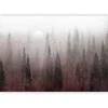 Artgeist Fototapetas - Bird's flight over treetops - landscape of a dark forest in fog