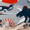 Artgeist Fototapetas - Last dinosaurs with red - abstract landscape for a room