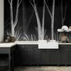 Artgeist Fototapetas - Noise of the forest at night - minimalist landscape of baltas trees on a juodas background