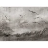 Artgeist Fototapetas - Swan flight - abstract landscape of birds over a lake with texture
