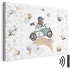 Artgeist Paveikslas - Galactic Races - A Bear Participating in Car Races Among Planets Clouds and Stars in Pastel Hues