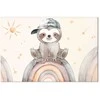 Artgeist Paveikslas - Happy Sloth - Sloth in Subdued Colors Wearing a Cap Sitting on a Rainbow Among Little Stars