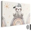 Artgeist Paveikslas - Happy Sloth - Sloth in Subdued Colors Wearing a Cap Sitting on a Rainbow Among Little Stars