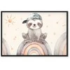 Artgeist Paveikslas - Happy Sloth - Sloth in Subdued Colors Wearing a Cap Sitting on a Rainbow Among Little Stars