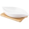 Regular divided dish made of cream porcelain 26x14x4 cm on a bamboo base 19.5x19.5x1 cm